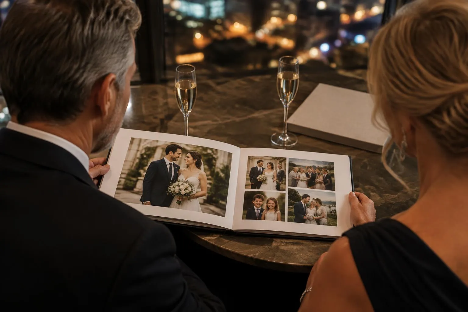 A middle-aged couple celebrating an anniversary dinner while looking through their photo book