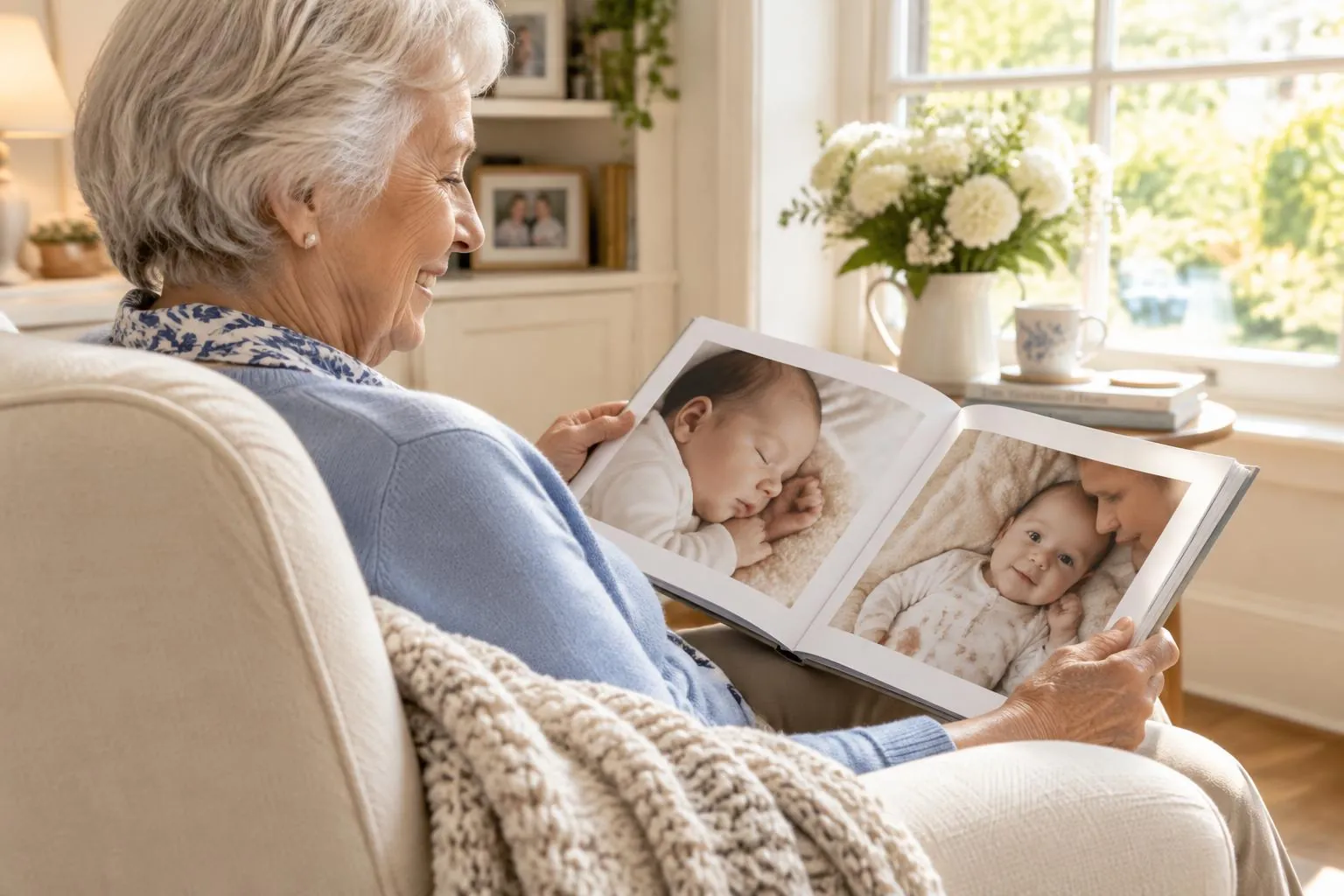 A grandmother looking through a baby photo book