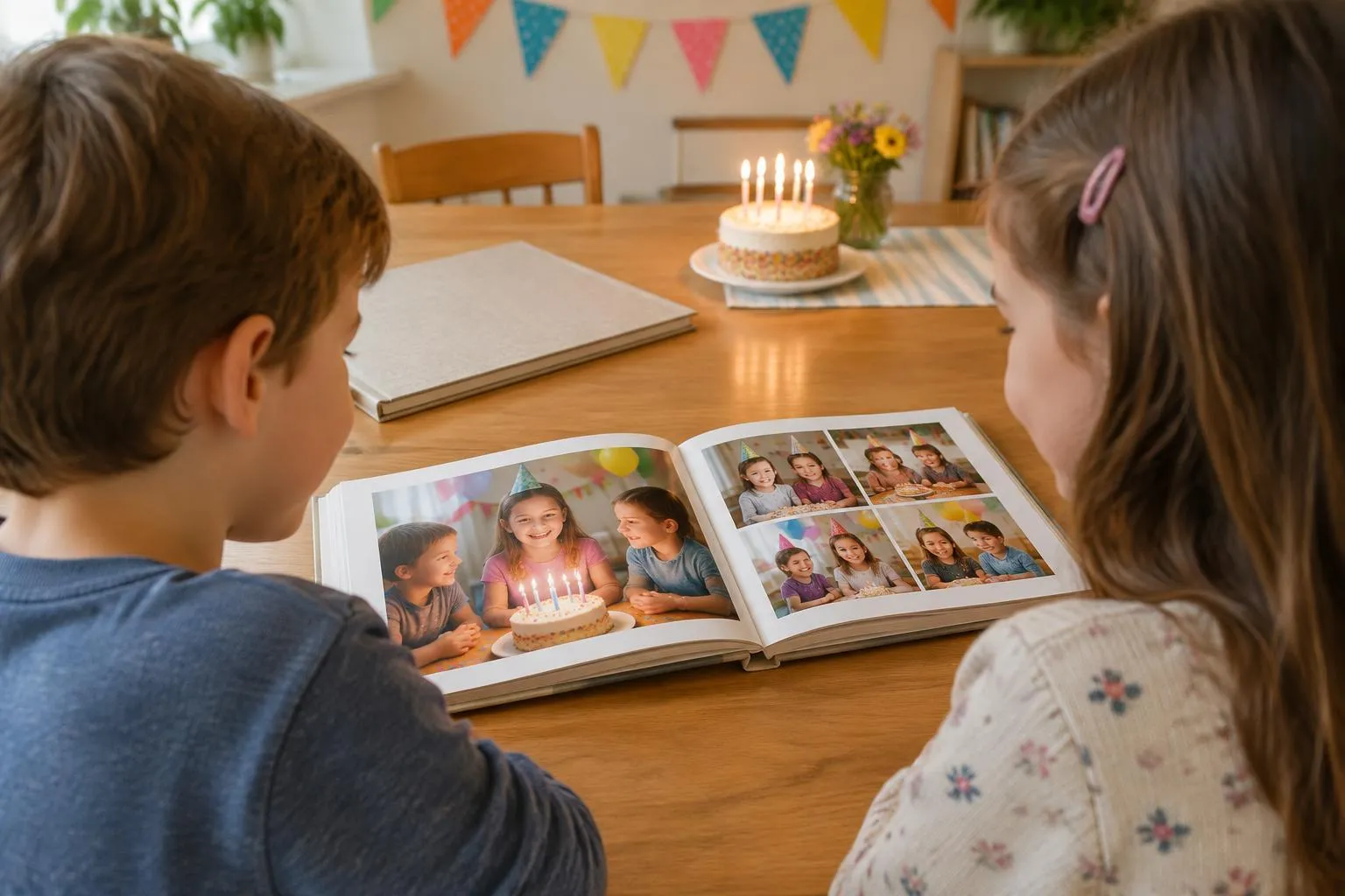 A parent and child looking through a birthday photo book of a children's party