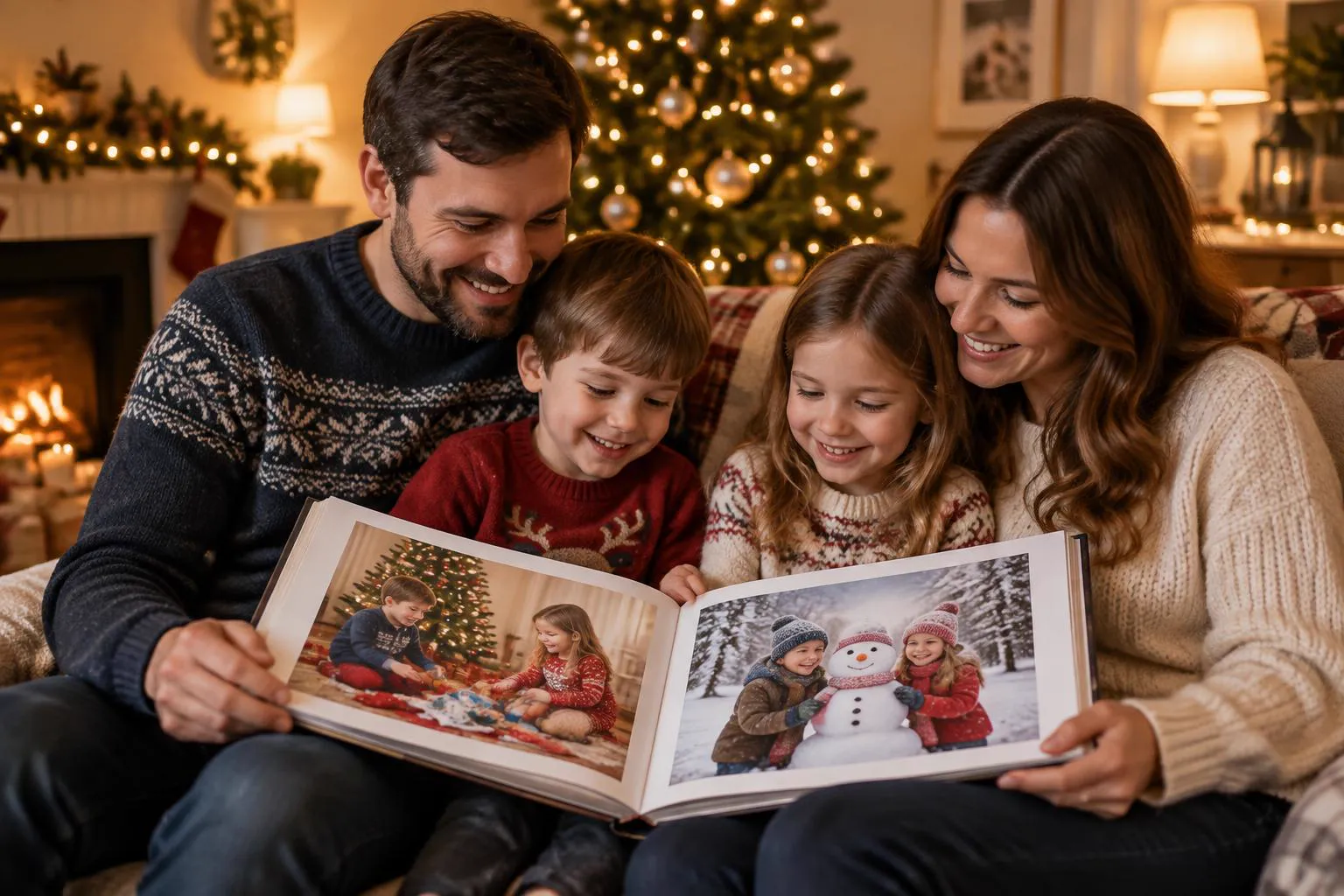 A family looking through a Christmas photo book together by the Christmas tree