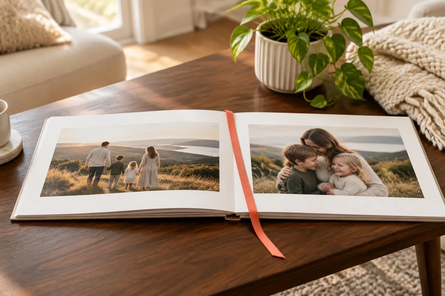 An open photoflip family photo book lying on a walnut coffee table beside a potted plant