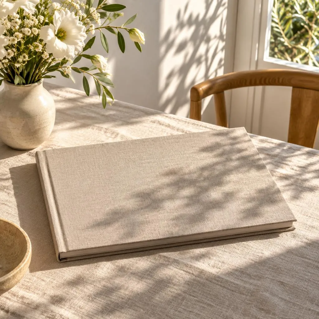 A closed natural linen photo book seen from behind, standing on a table beside fresh white flowers