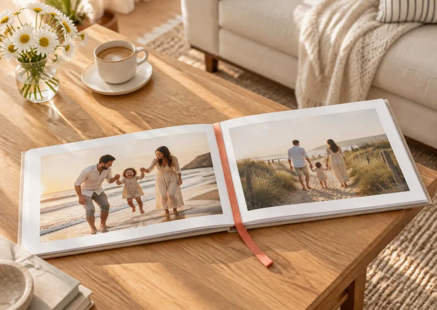An open photoflip photo book lying in sunlight on an oak coffee table, showing warm family photographs with a coral ribbon