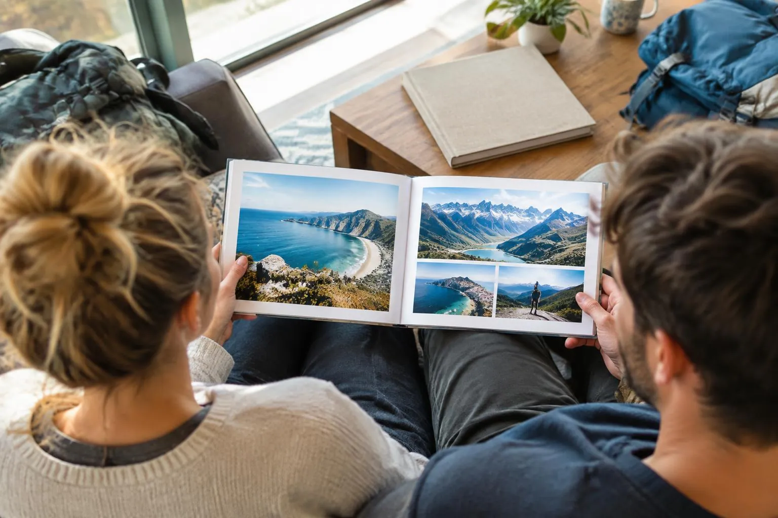 A young backpacker couple looking through their travel photo book by a sunlit window