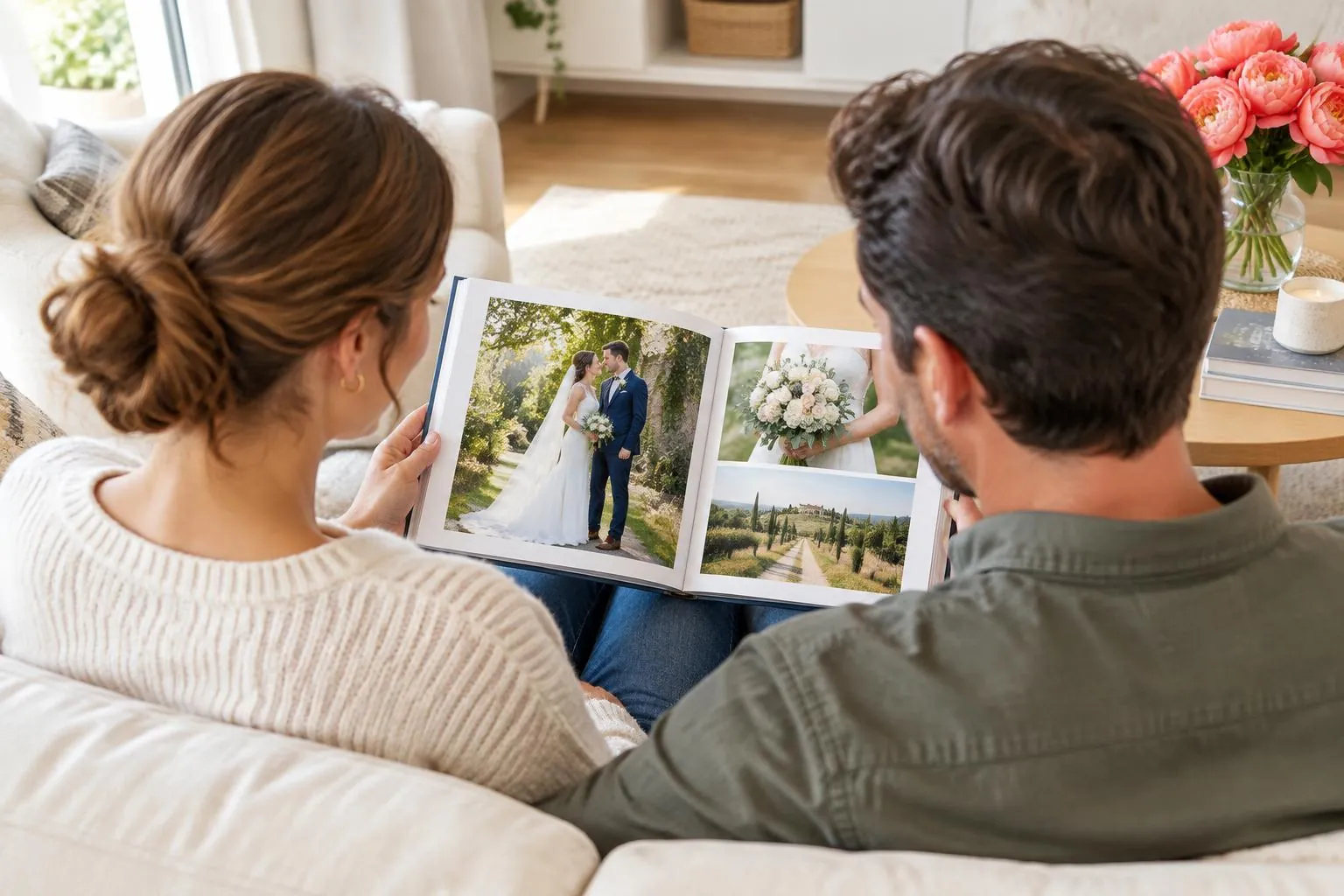 A couple looking through their wedding photo book